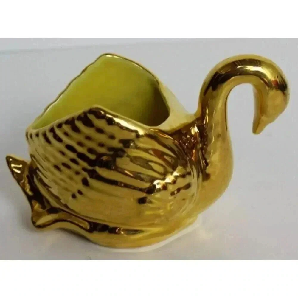 Vintage MCM Weeping Gold 22KT Swan Candy Dish Planter Room Decor Figurine